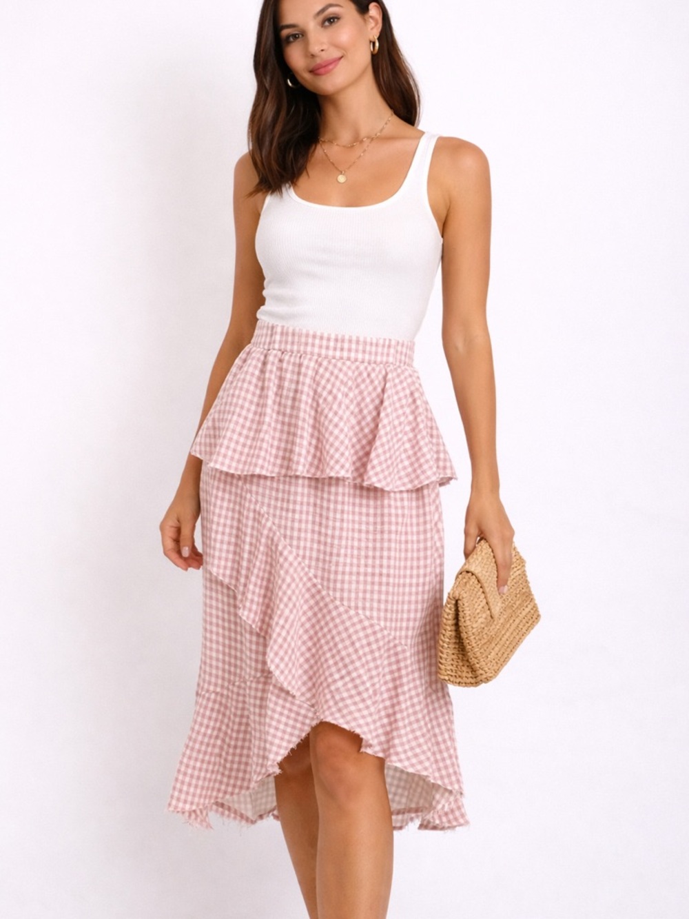 NWT Moon River Red Gingham Ruffle High Low Midi Skirt M